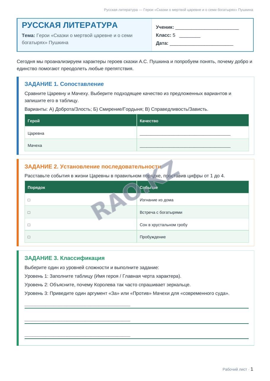 Рабочий лист Русская литература 5 класс 2 четверть Герои «Сказки о мертвой царевне и о семи богатырях» Пушкина (урок 3)