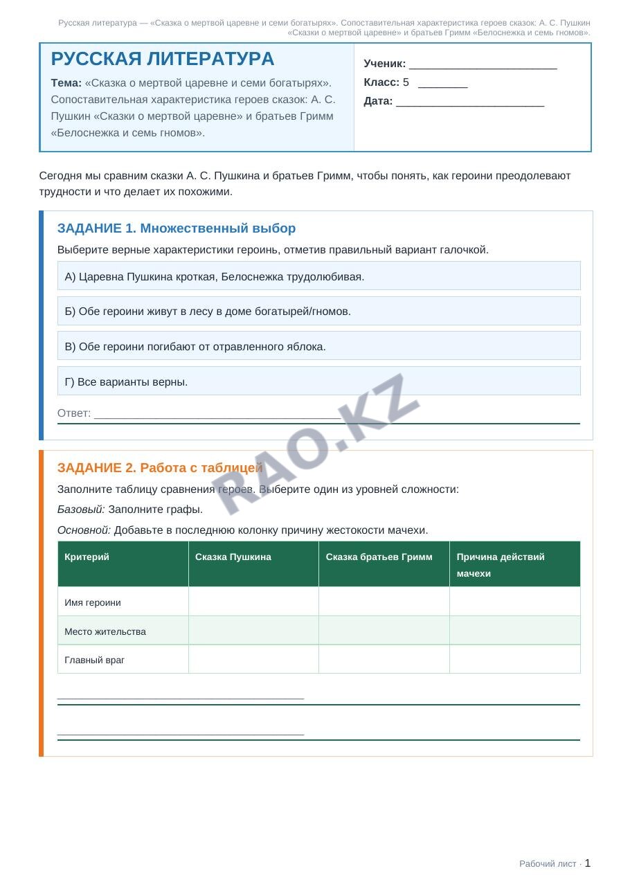 Рабочий лист Русская литература 5 класс 2 четверть «Сказка о мертвой царевне и семи богатырях». Сопоставительная характеристика героев сказок: А. С. Пушкин «Сказки о мертвой царевне» и братьев Гримм «