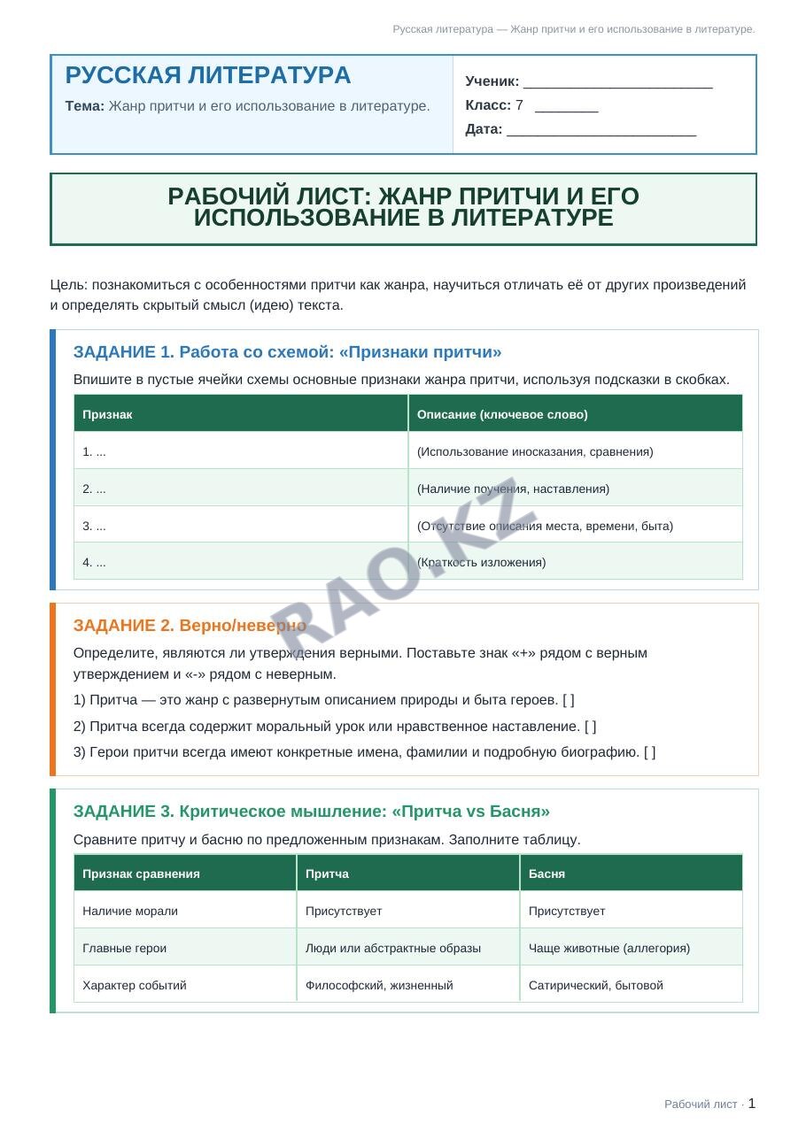 Рабочий лист Русская литература 7 класс 1 четверть Жанр притчи и его использование в литературе.