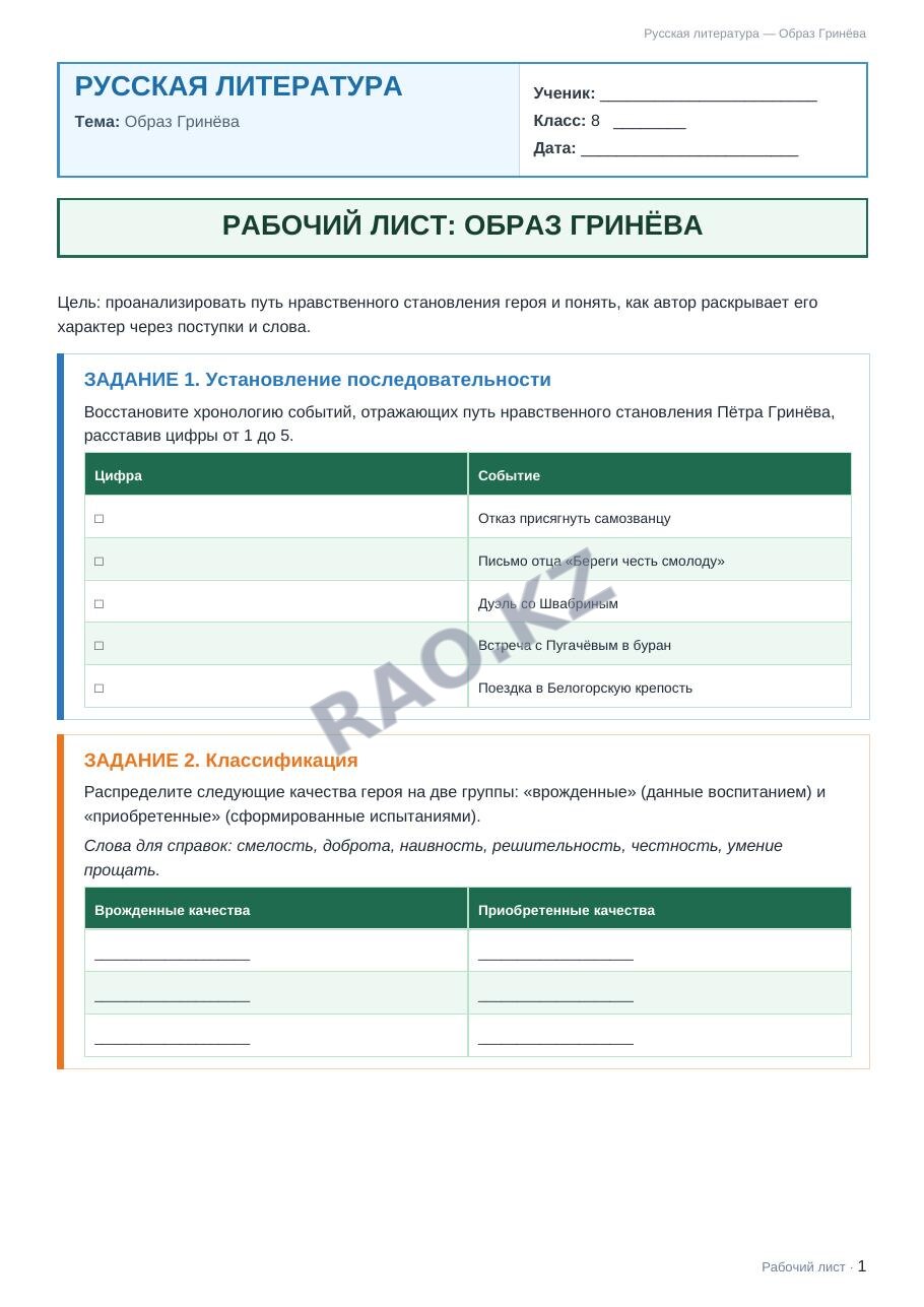Рабочий лист Русская литература 8 класс 2 четверть Образ Гринёва