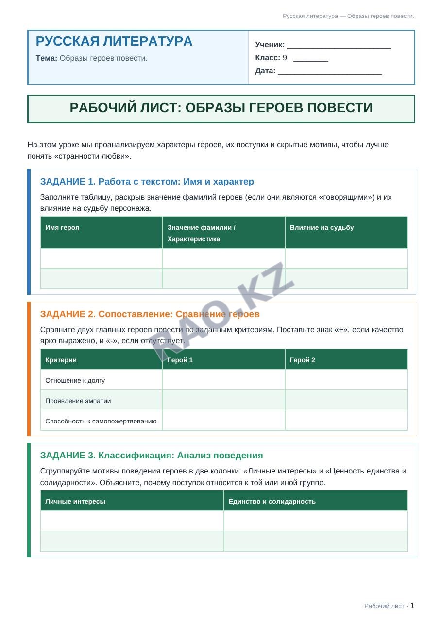 Рабочий лист Русская литература 9 класс 1 четверть Образы героев повести.