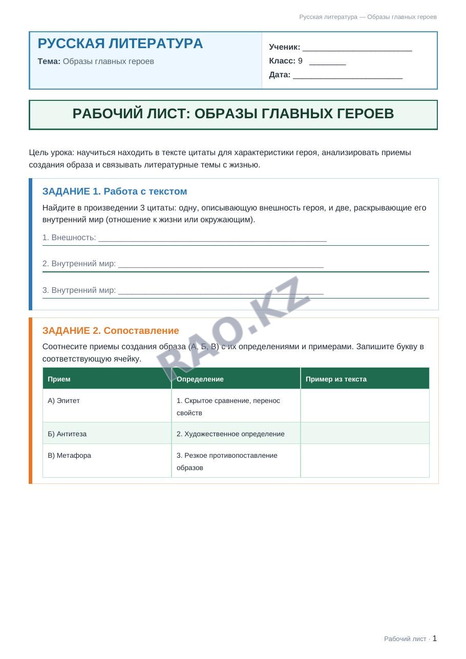 Рабочий лист Русская литература 9 класс 2 четверть Образы главных героев