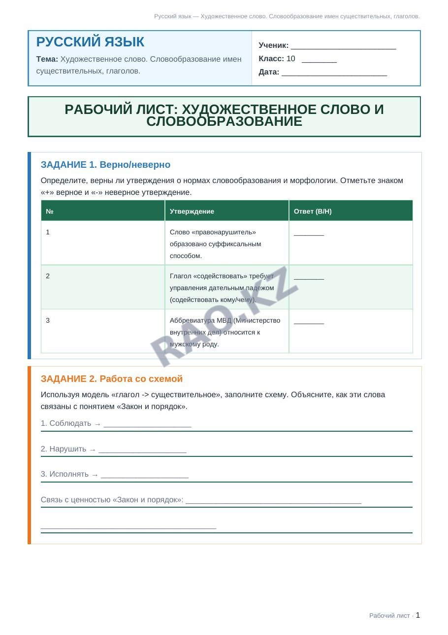 Рабочий лист Русский язык 10 класс 1 четверть Художественное слово. Словообразование имен существительных, глаголов.