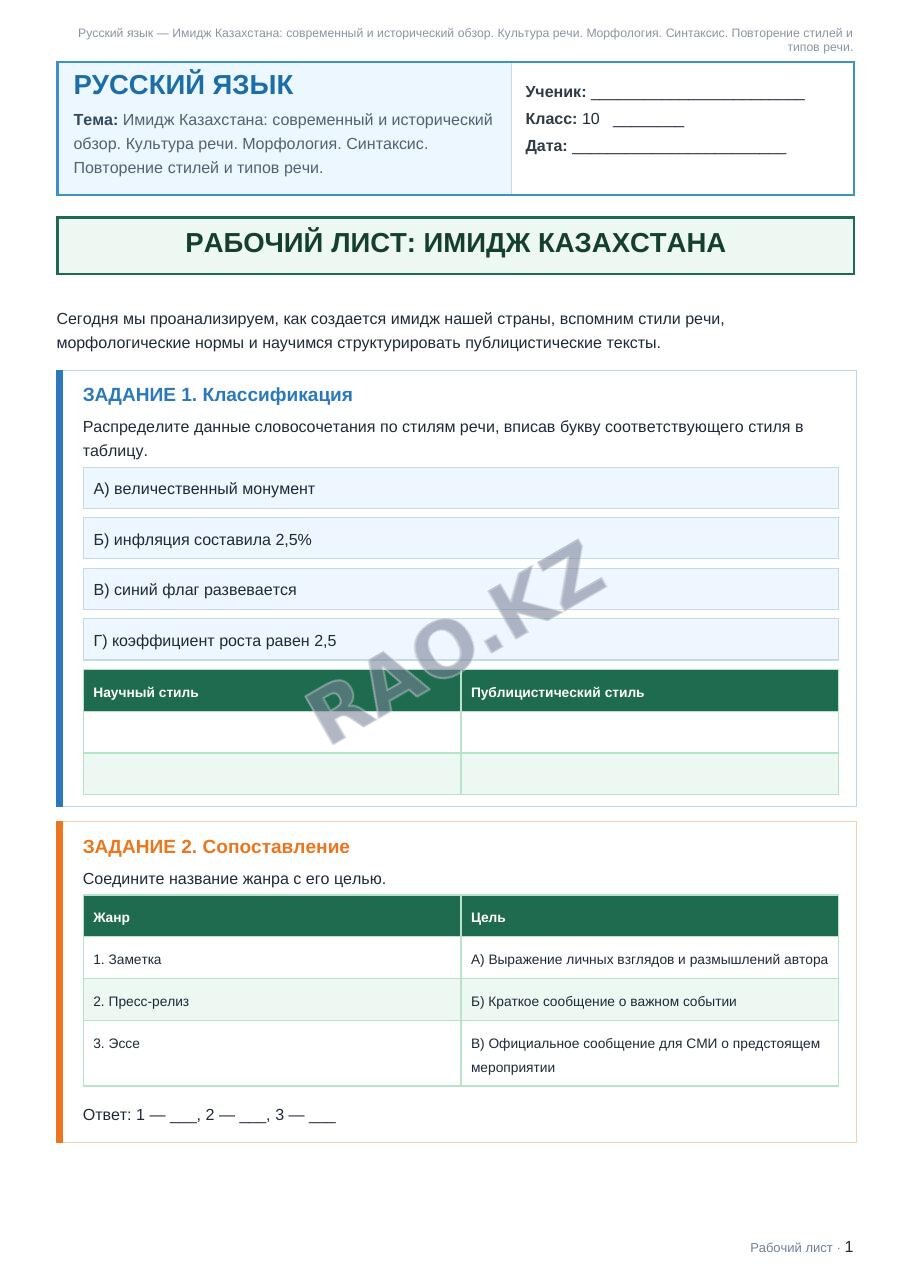 Рабочий лист Русский язык 10 класс 1 четверть Имидж Казахстана: современный и исторический обзор. Культура речи. Морфология. Синтаксис. Повторение стилей и типов речи.