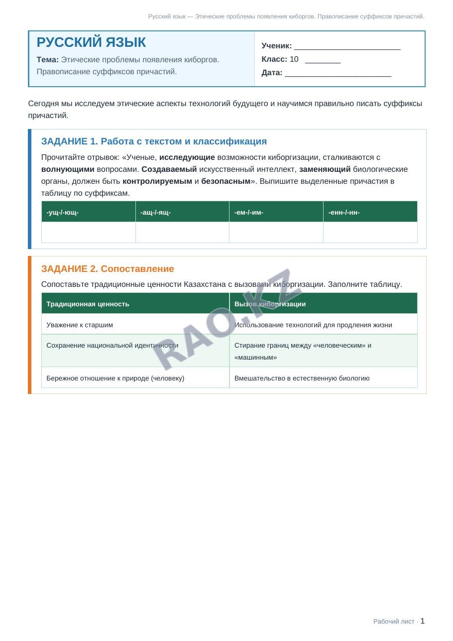 Рабочий лист Русский язык 10 класс 2 четверть Этические проблемы появления киборгов. Правописание суффиксов причастий.