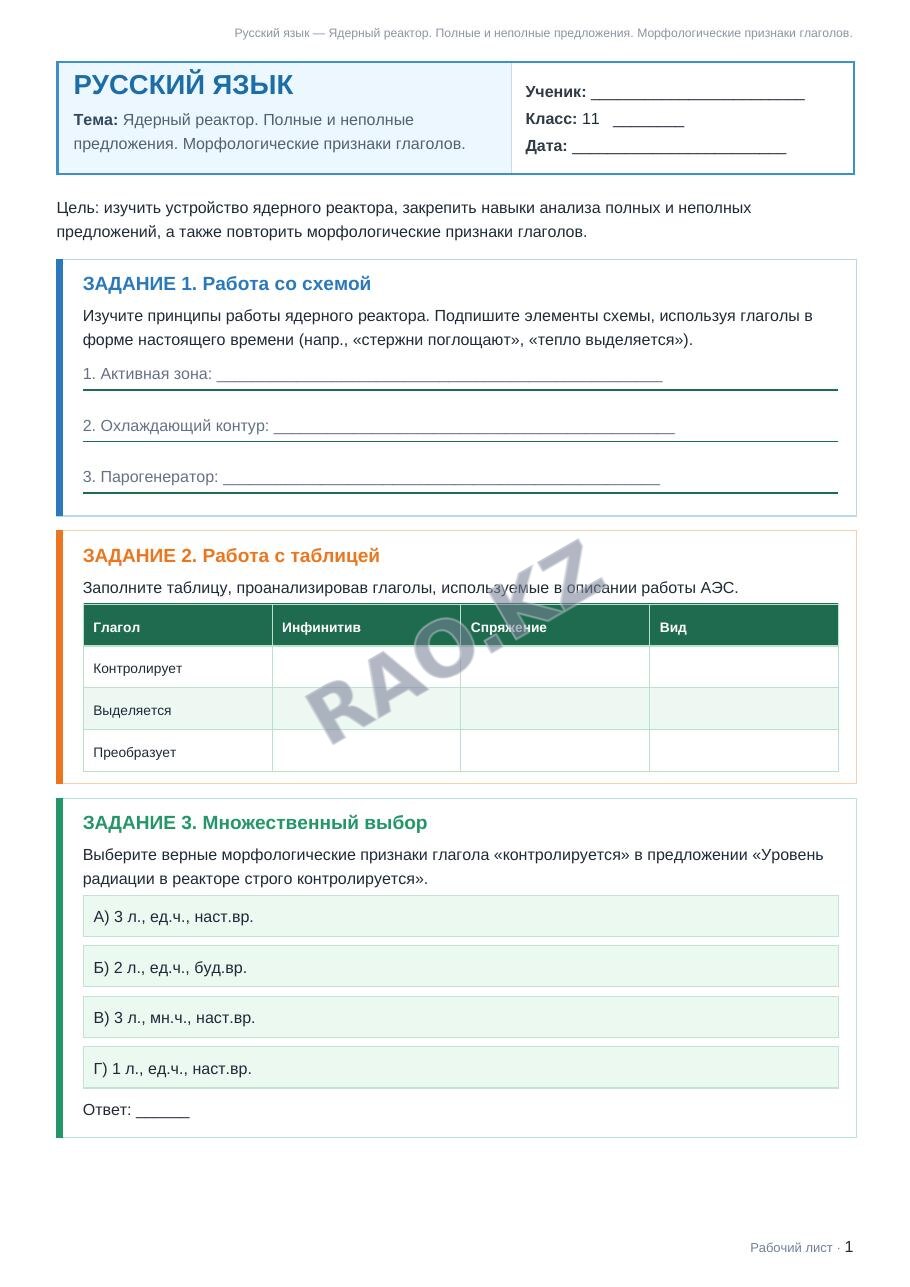 Рабочий лист Русский язык 11 класс 1 четверть Ядерный реактор. Полные и неполные предложения. Морфологические признаки глаголов.