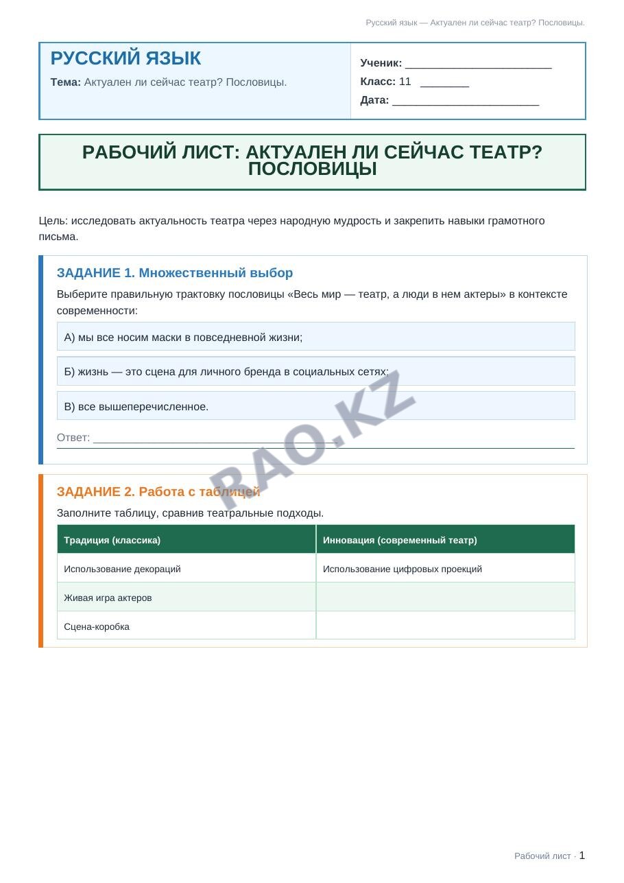 Рабочий лист Русский язык 11 класс 2 четверть Актуален ли сейчас театр? Пословицы.