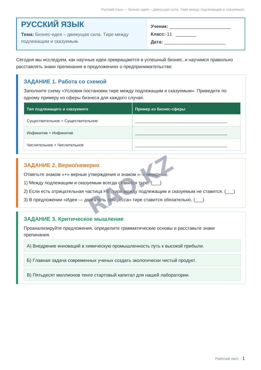 Рабочий лист Русский язык 11 класс 2 четверть Бизнес-идея – движущая сила. Тире между подлежащим и сказуемым.