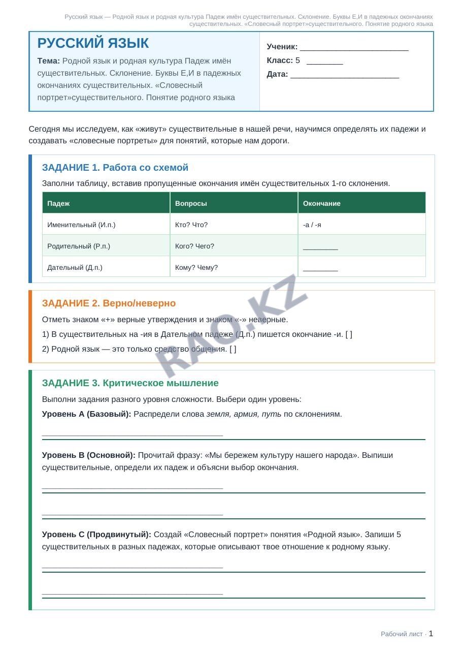Рабочий лист Русский язык 5 класс 1 четверть Родной язык и родная культура Падеж имён существительных. Склонение. Буквы Е,И в падежных окончаниях существительных. «Словесный портрет»существительного. 
