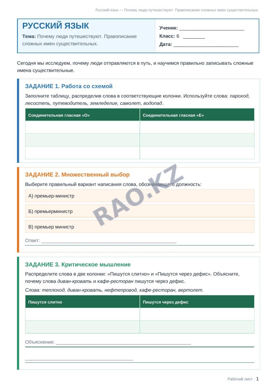 Рабочий лист Русский язык 6 класс 1 четверть Почему люди путешествуют. Правописание сложных имен существительных.