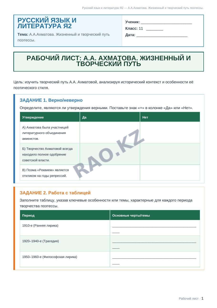 Рабочий лист Русский язык и литература Я2 11 класс 2 четверть А.А.Ахматова. Жизненный и творческий путь поэтессы.