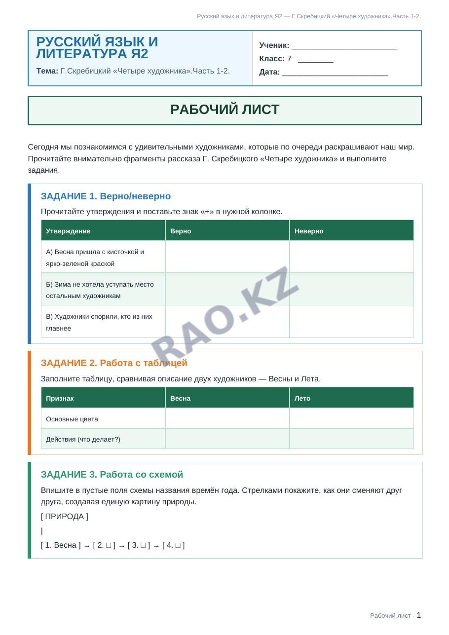 Рабочий лист Русский язык и литература Я2 7 класс 1 четверть Г.Скребицкий «Четыре художника».Часть 1-2.