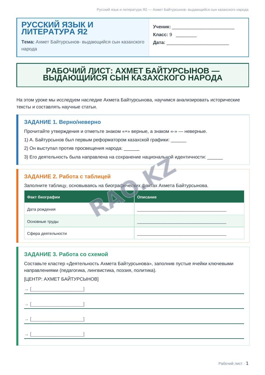 Рабочий лист Русский язык и литература Я2 9 класс 2 четверть Ахмет Байтурсынов- выдающийся сын казахского народа (урок 3)
