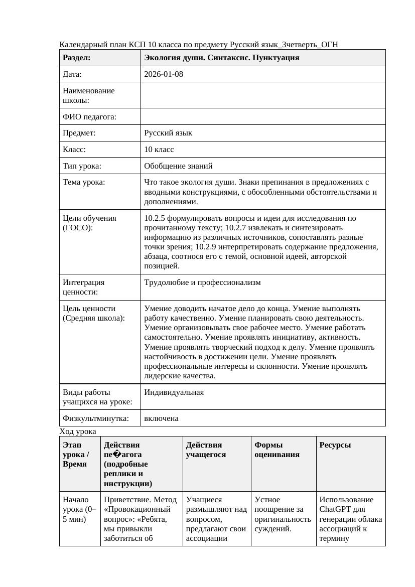 Русский язык 10класс 3четверть ОГН Что такое экология души Знаки