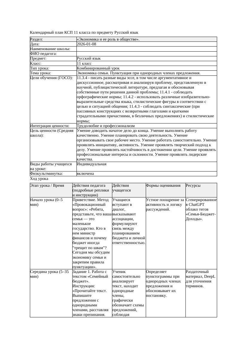 Русский язык 11класс 3четверть ЕМН Экономика семьи Пунктуация при