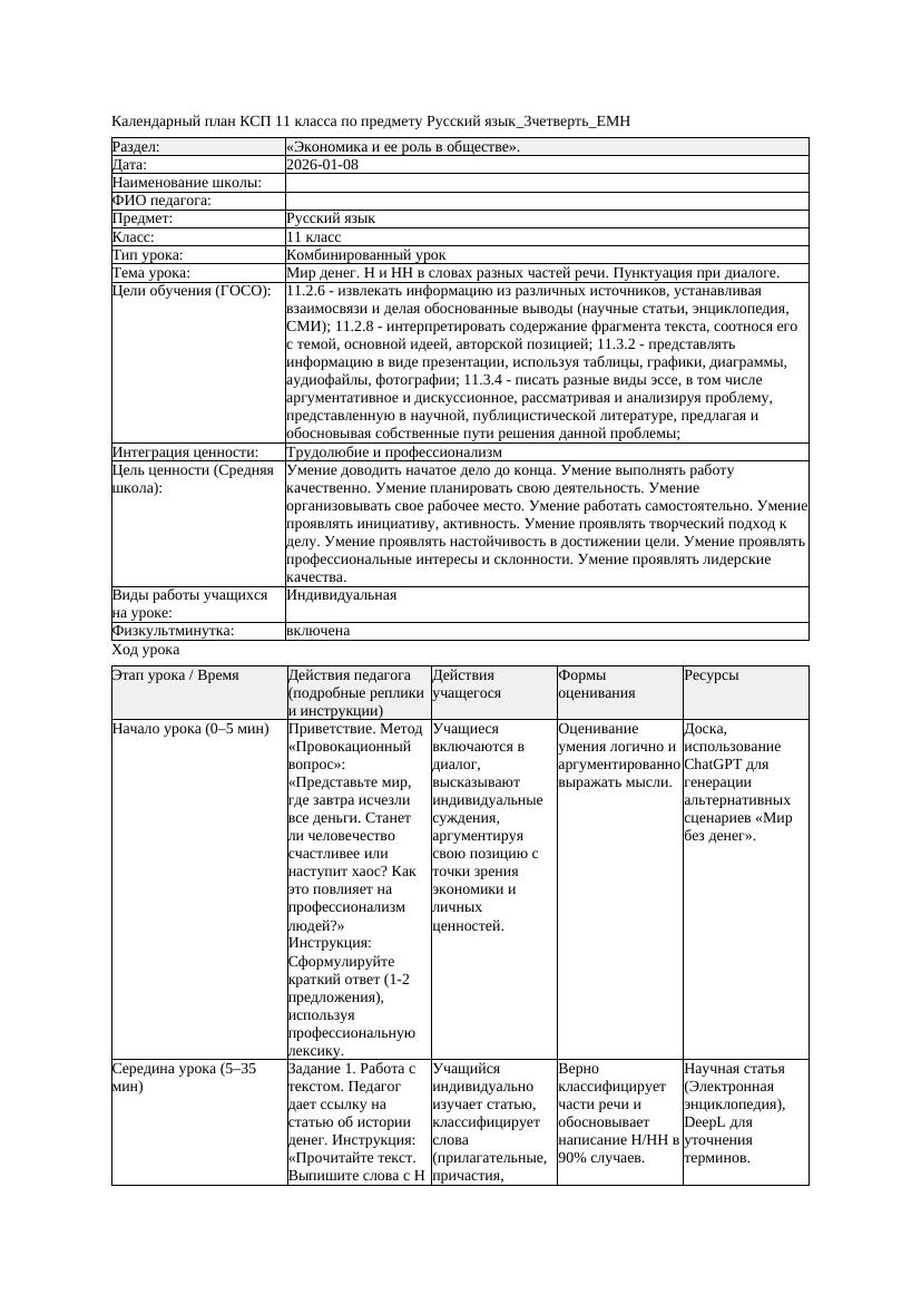 Русский язык 11класс 3четверть ЕМН Мир денег Н и НН в словах разных