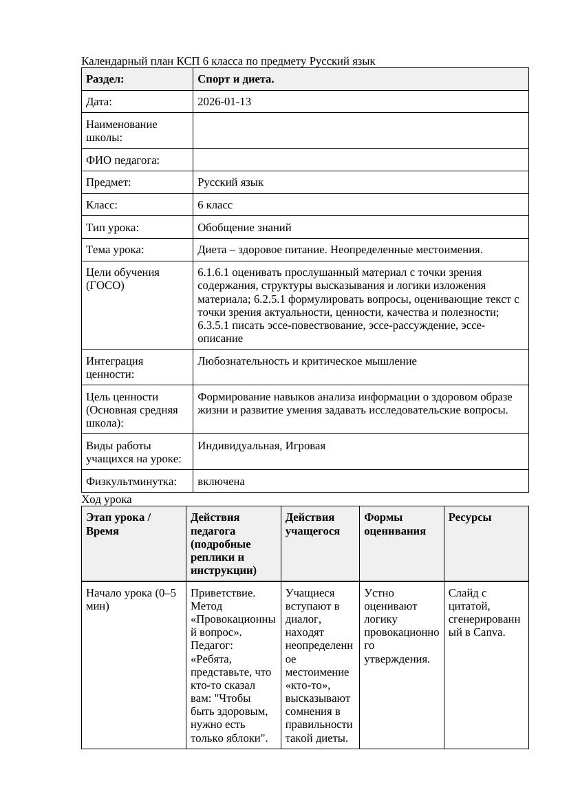 Русский язык 6класс 3 четверть Диета здоровое питание Неопределенные