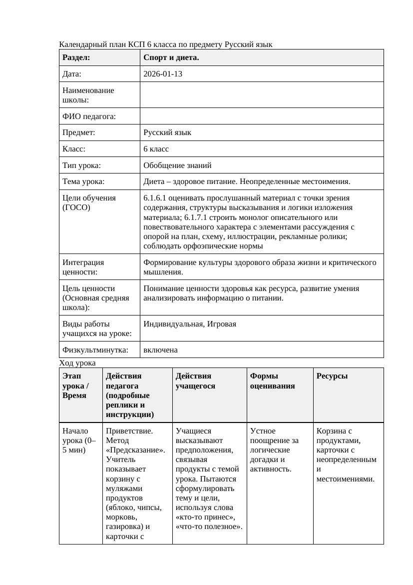 Русский язык 6класс 3 четверть Диета здоровое питание Неопределенные