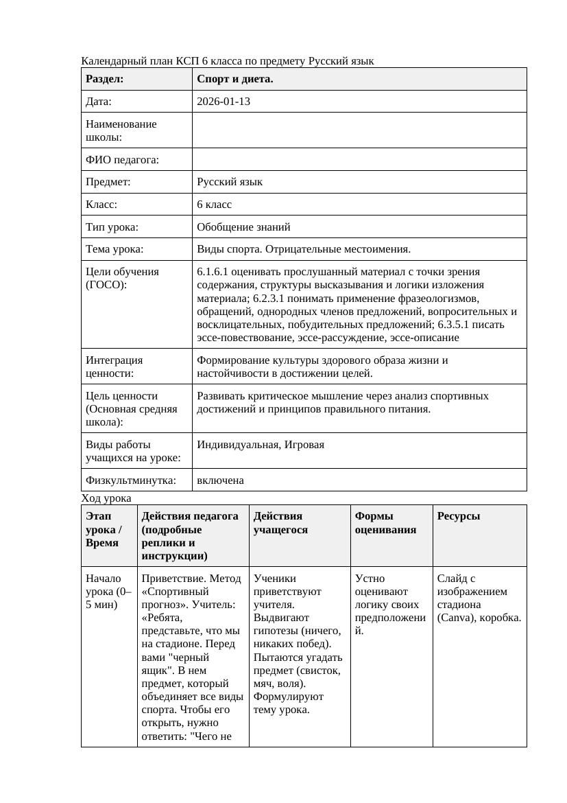 Русский язык 6класс 3 четверть Виды спорта Отрицательные местоимения