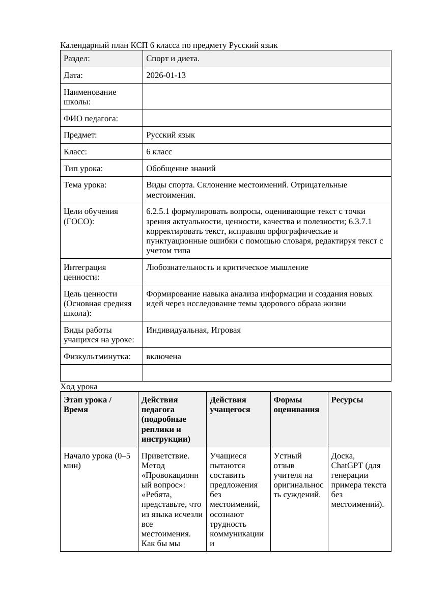 Русский язык 6класс 3 четверть Виды спорта Склонение местоимений