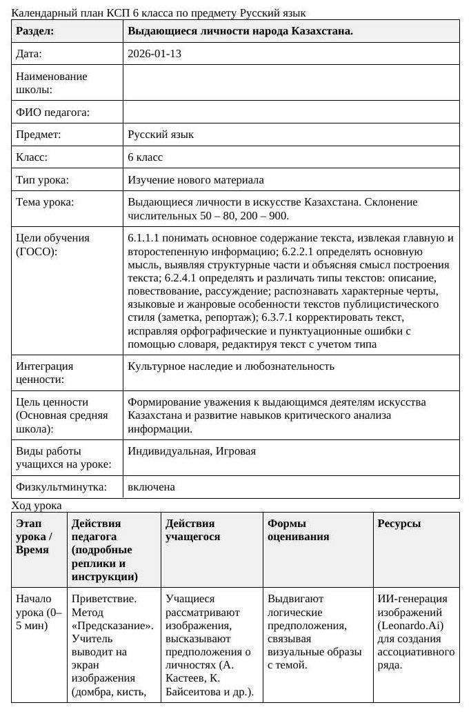 Русский язык 6класс 3 четверть Выдающиеся личности в искусстве Казахстана