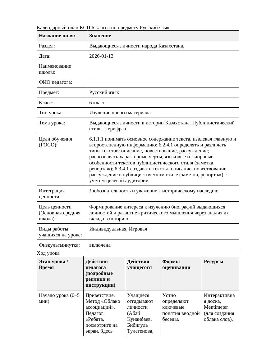 Русский язык 6класс 3 четверть Выдающиеся личности в истории Казахстана