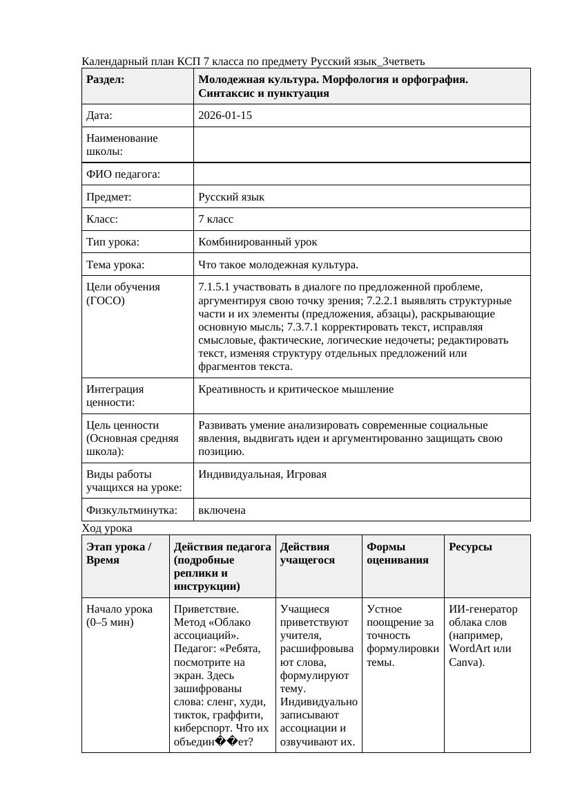 Русский язык 7класс 3четветь Что такое молодежная культура doc