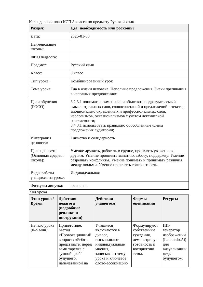 Русский язык 8класс 3четверть Еда в жизни человека Неполные предложения