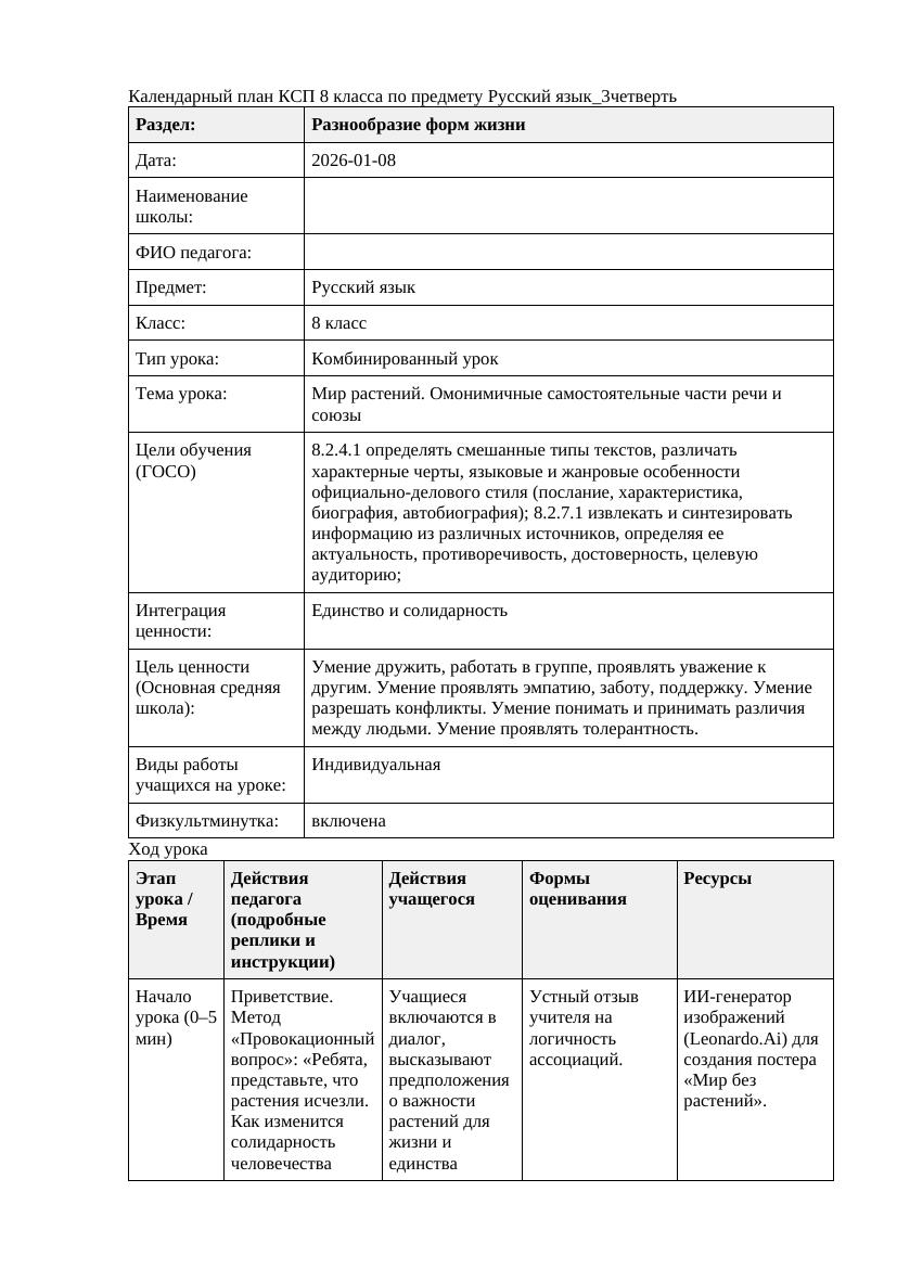 Русский язык 8класс 3четверть Мир растений Омонимичные самостоятельные