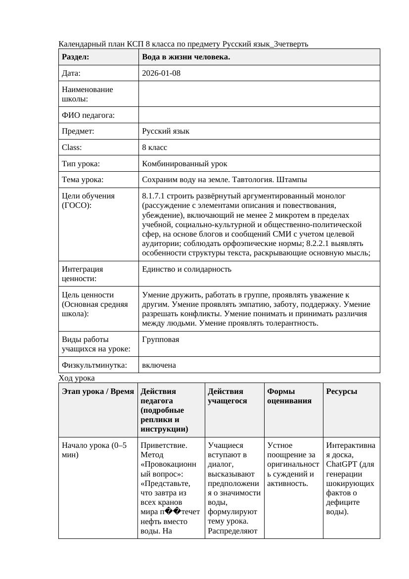 Русский язык 8класс 3четверть Сохраним воду на земле Тавтология
