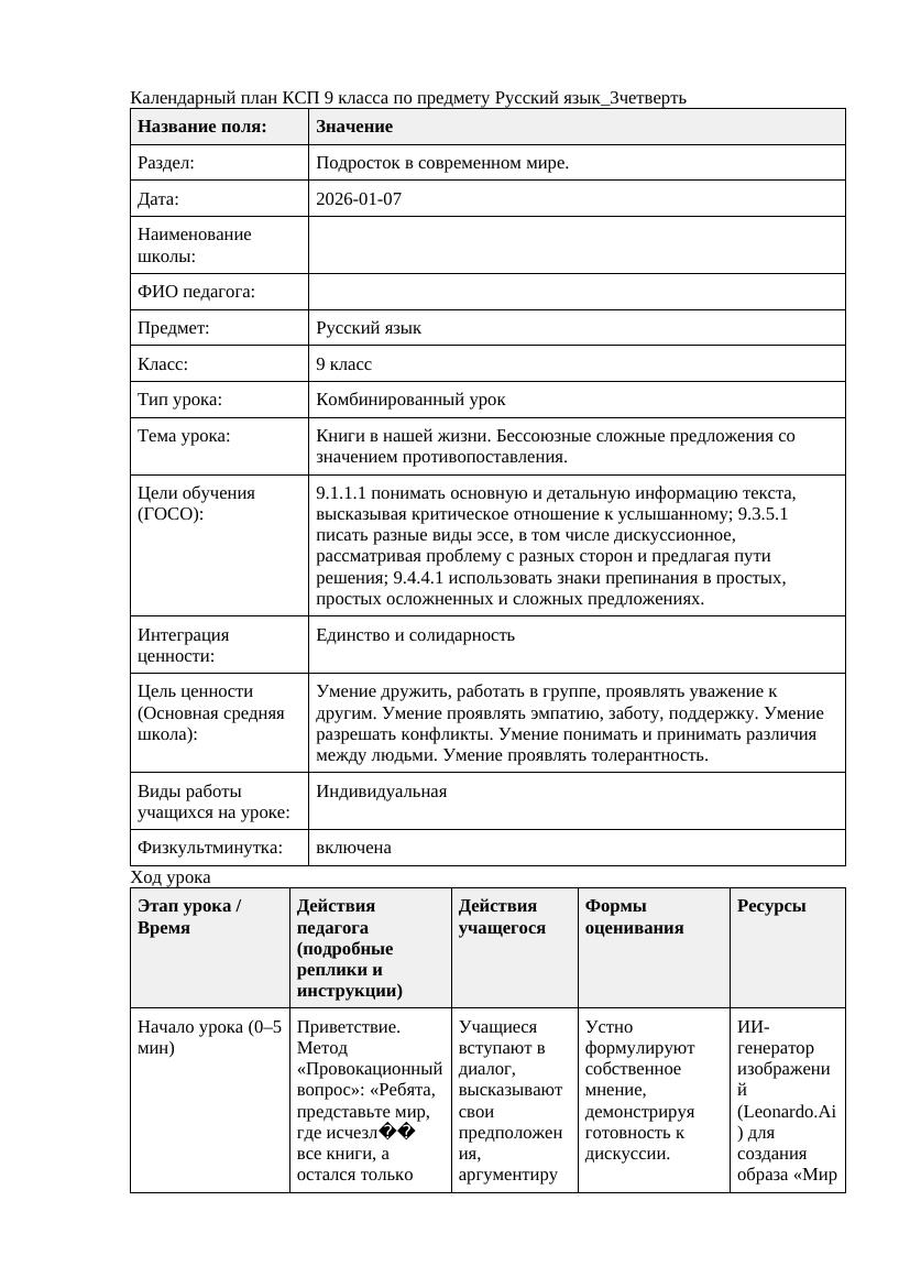 Русский язык 9класс 3четверть Книги в нашей жизни Бессоюзные сложные