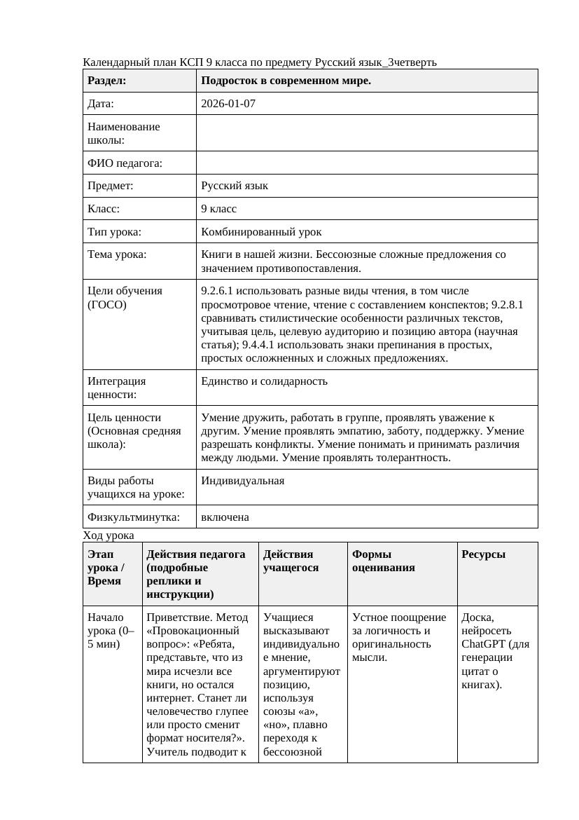 Русский язык 9класс 3четверть Книги в нашей жизни Бессоюзные сложные