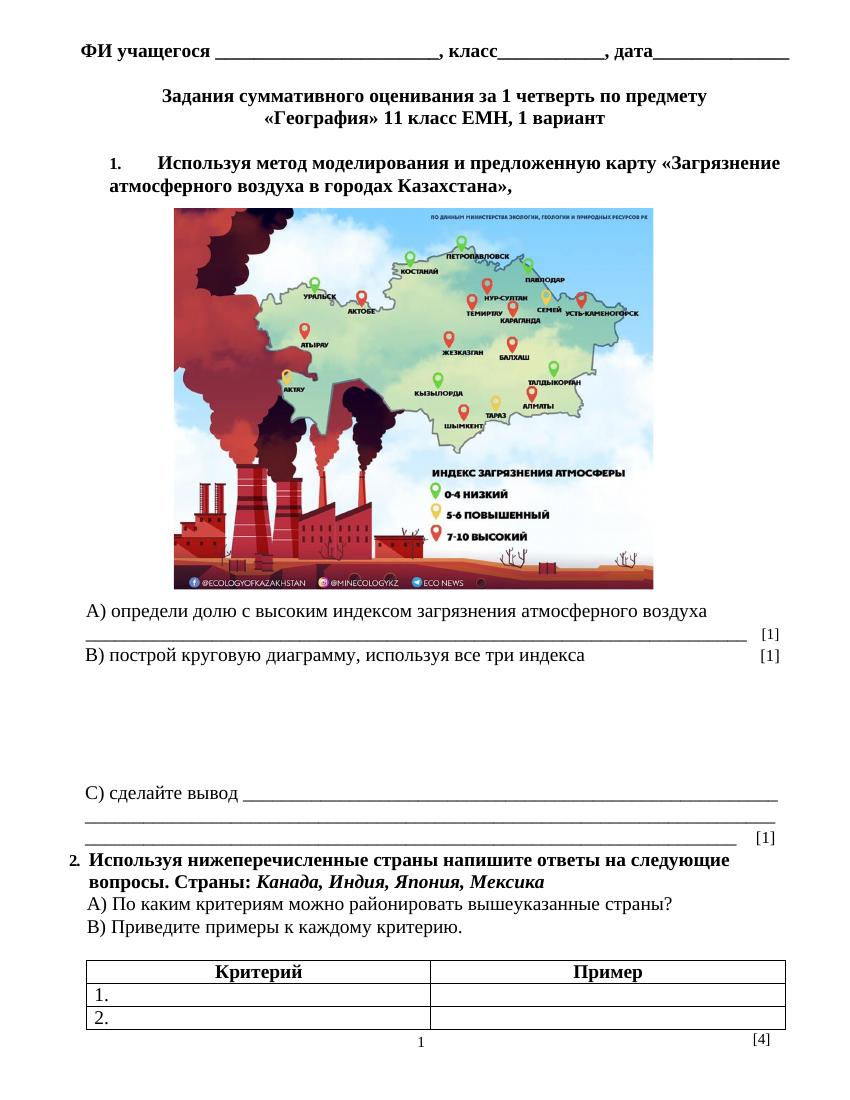Суммативное оценивание за 1четверть география 11 класс