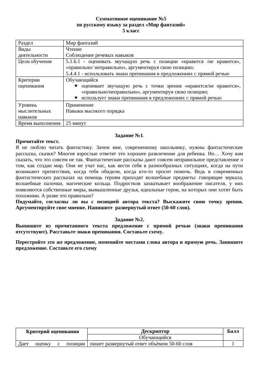 Урок №59 Суммативное оценивание №5 Мир фантазий