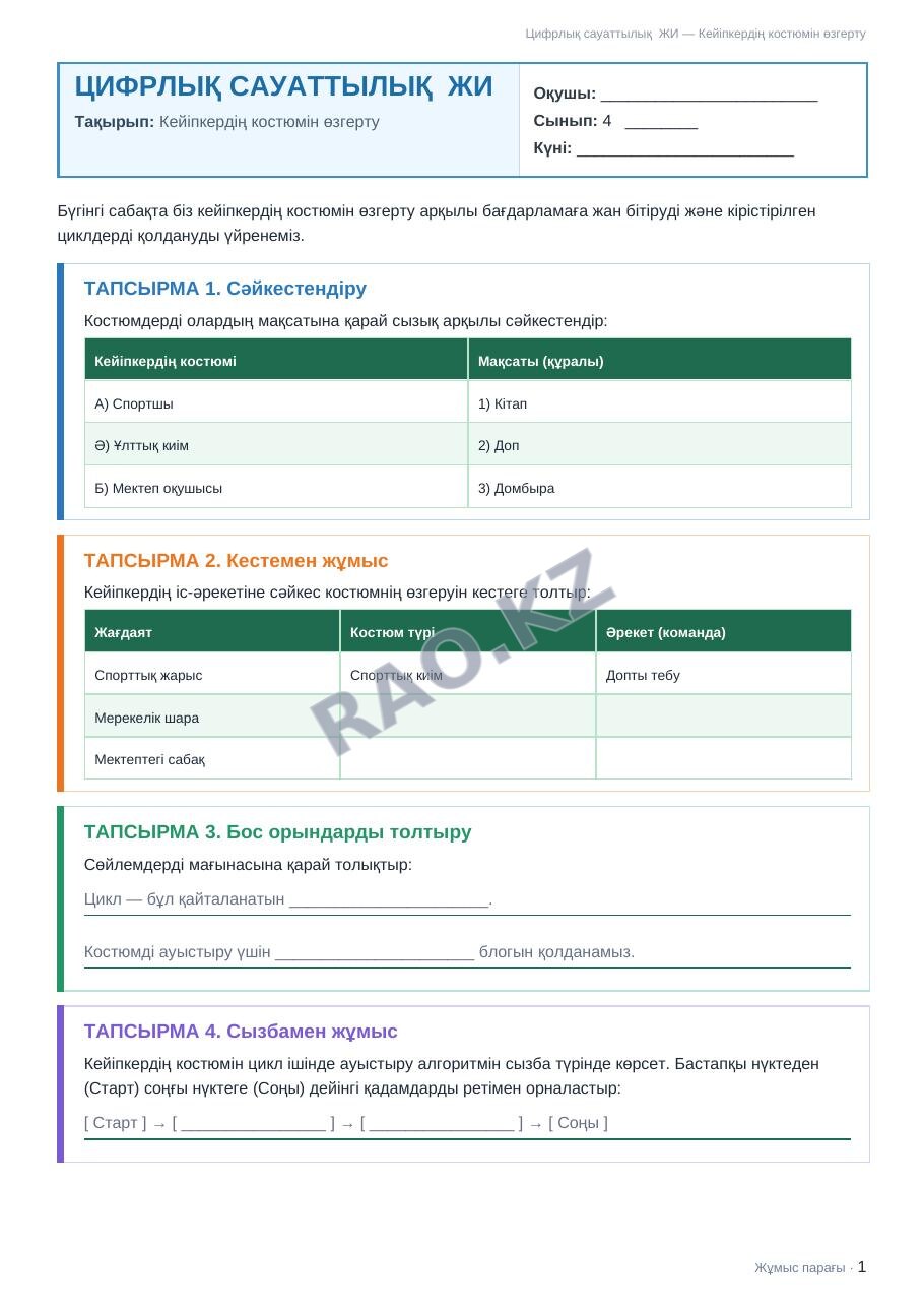 Жұмыс парағы Цифрлық сауаттылық ЖИ 4-сынып 1-тоқсан Кейіпкердің костюмін өзгерту (3-сабақ)