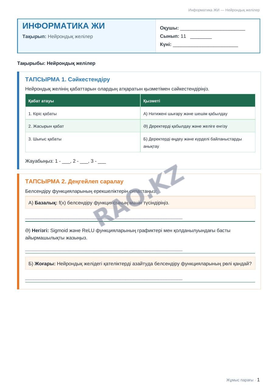 Жұмыс парағы Информатика ЖИ 11-сынып 1-тоқсан Нейрондық желілер (3-сабақ)