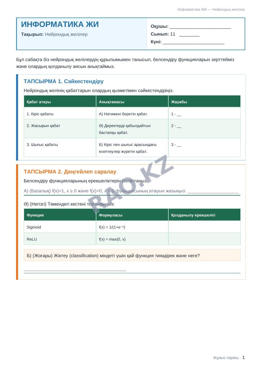 Жұмыс парағы Информатика ЖИ 11-сынып 1-тоқсан Нейрондық желілер (5-сабақ)