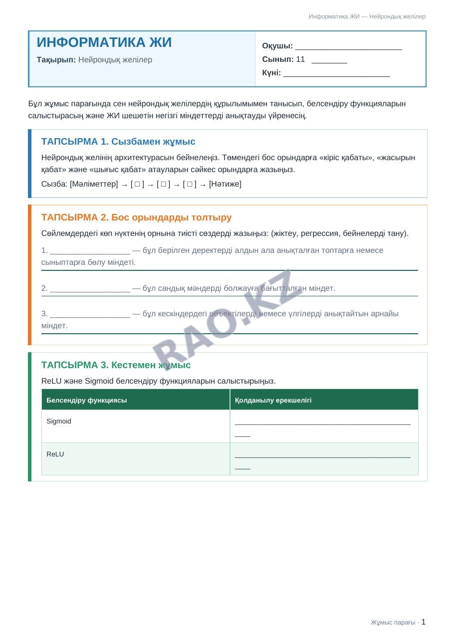 Жұмыс парағы Информатика ЖИ 11-сынып 1-тоқсан Нейрондық желілер (7-сабақ)