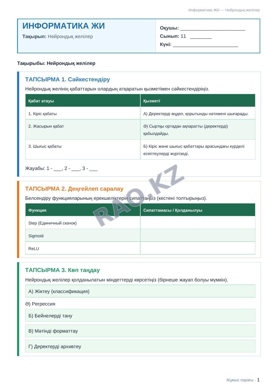Жұмыс парағы Информатика ЖИ 11-сынып 1-тоқсан Нейрондық желілер