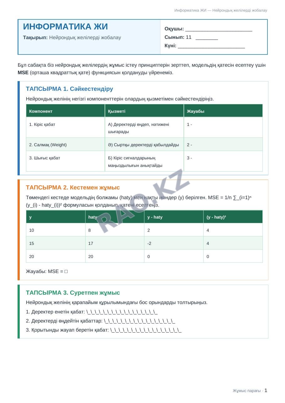 Жұмыс парағы Информатика ЖИ 11-сынып 1-тоқсан Нейрондық желілерді жобалау (3-сабақ)