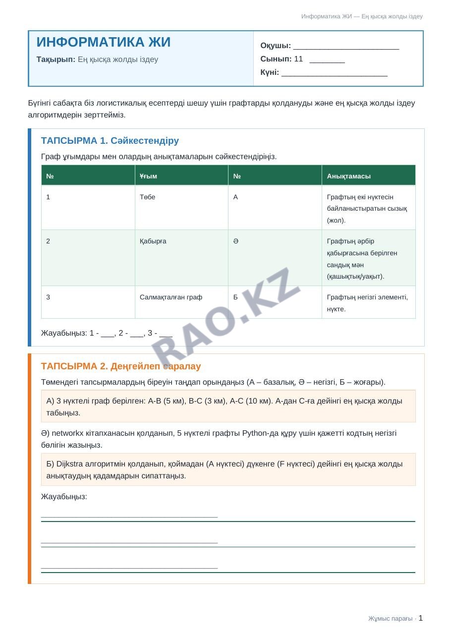 Жұмыс парағы Информатика ЖИ 11-сынып 2-тоқсан Ең қысқа жолды іздеу (5-сабақ)