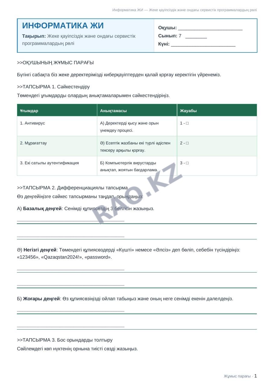 Жұмыс парағы Информатика ЖИ 7-сынып 1-тоқсан Жеке қауіпсіздік және ондағы сервистік программалардың рөлі