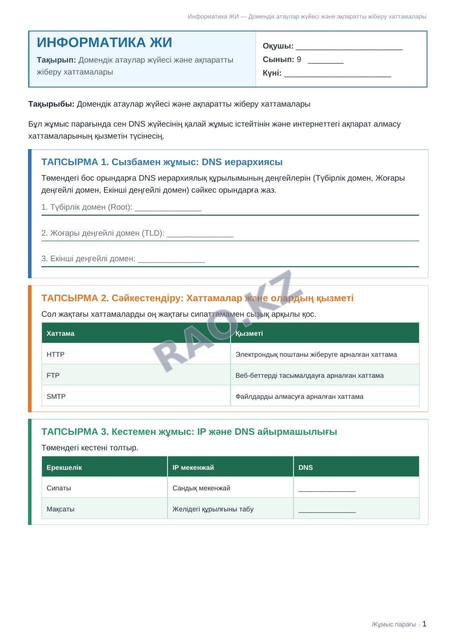 Жұмыс парағы Информатика ЖИ 9-сынып 1-тоқсан Домендік атаулар жүйесі және ақпаратты жіберу хаттамалары