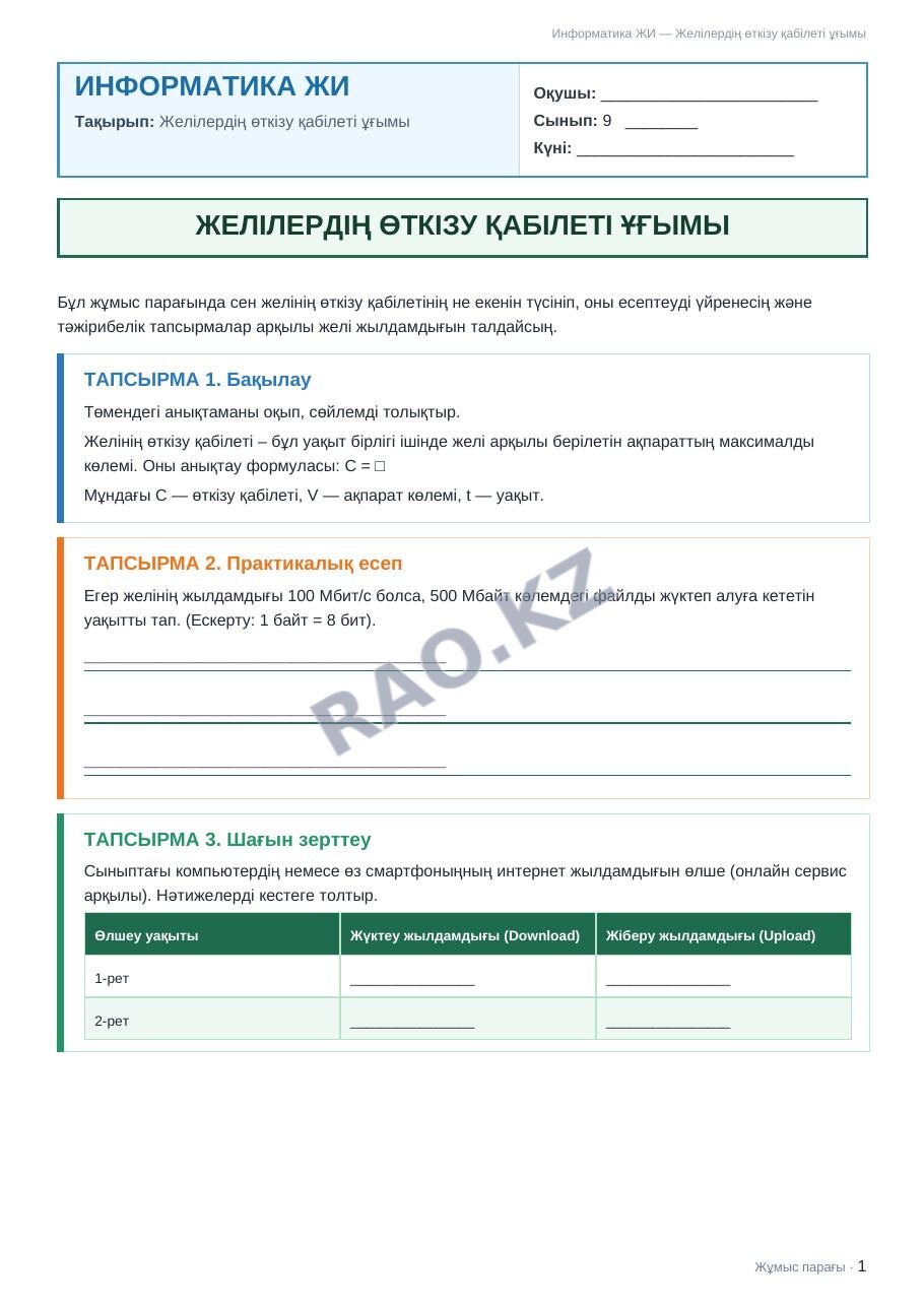 Жұмыс парағы Информатика ЖИ 9-сынып 1-тоқсан Желілердің өткізу қабілеті ұғымы (3-сабақ)