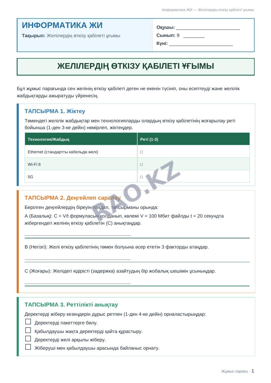 Жұмыс парағы Информатика ЖИ 9-сынып 1-тоқсан Желілердің өткізу қабілеті ұғымы