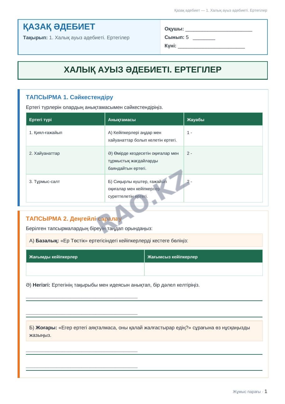 Жұмыс парағы Қазақ әдебиет 5-сынып 1-тоқсан 1. Халық ауыз әдебиеті. Ертегілер