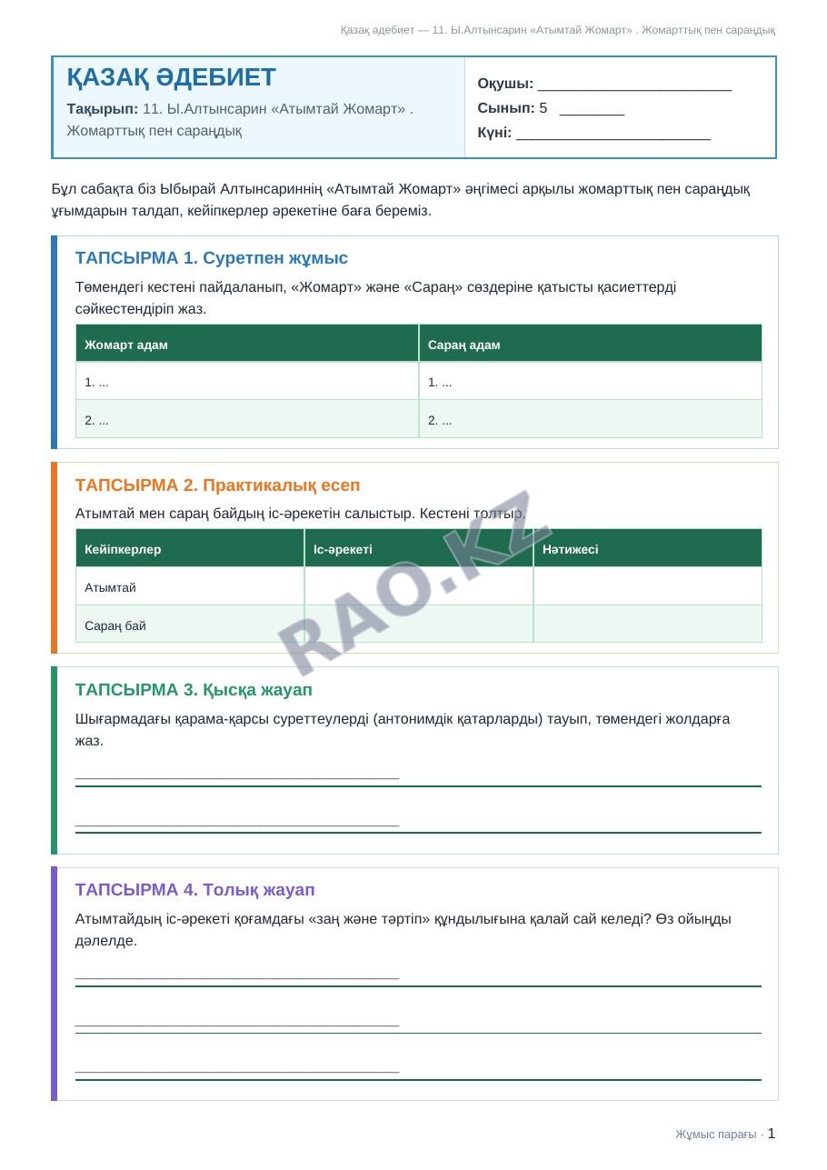 Жұмыс парағы Қазақ әдебиет 5-сынып 2-тоқсан 11. Ы.Алтынсарин «Атымтай Жомарт» . Жомарттық пен сараңдық