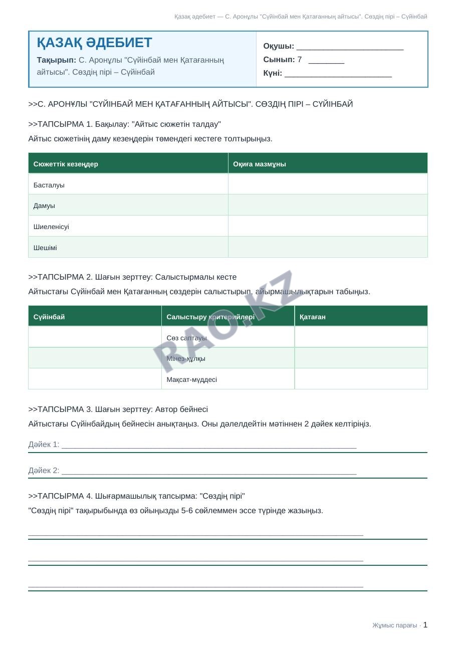Жұмыс парағы Қазақ әдебиет 7-сынып 2-тоқсан С. Аронұлы "Сүйінбай мен Қатағанның айтысы". Сөздің пірі – Сүйінбай
