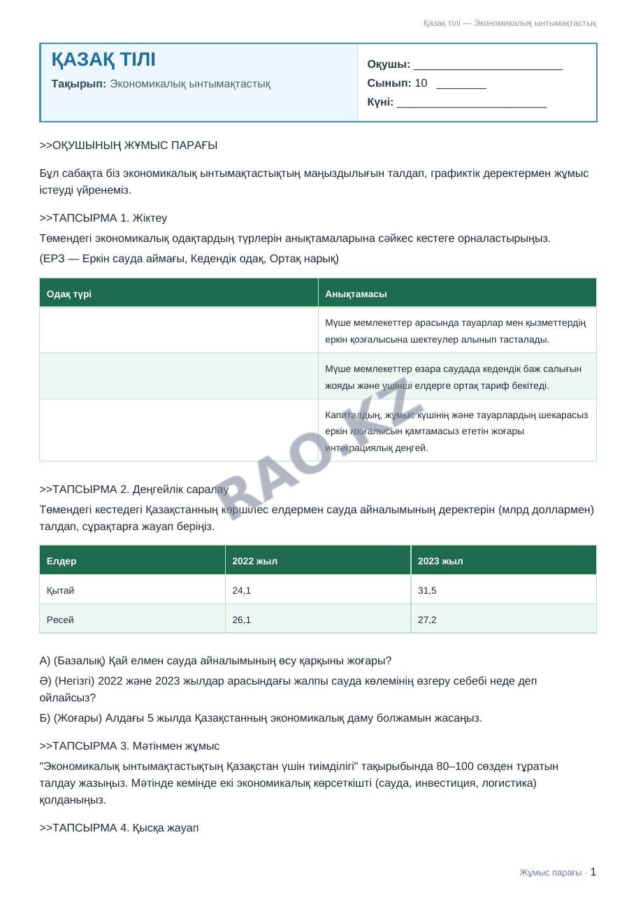 Жұмыс парағы Қазақ тілі 10-сынып 2-тоқсан Экономикалық ынтымақтастық