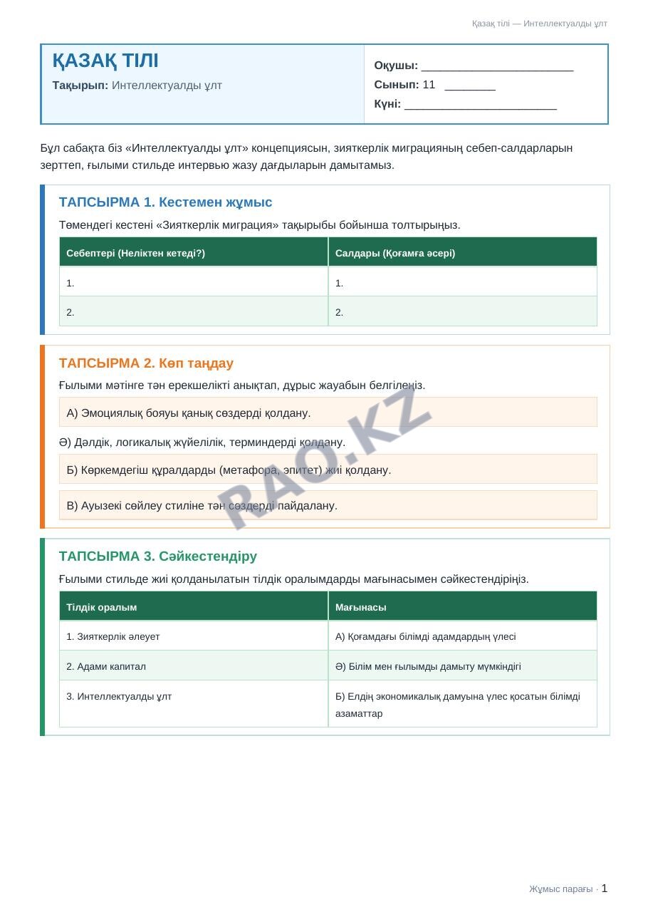 Жұмыс парағы Қазақ тілі 11-сынып 2-тоқсан Интеллектуалды ұлт